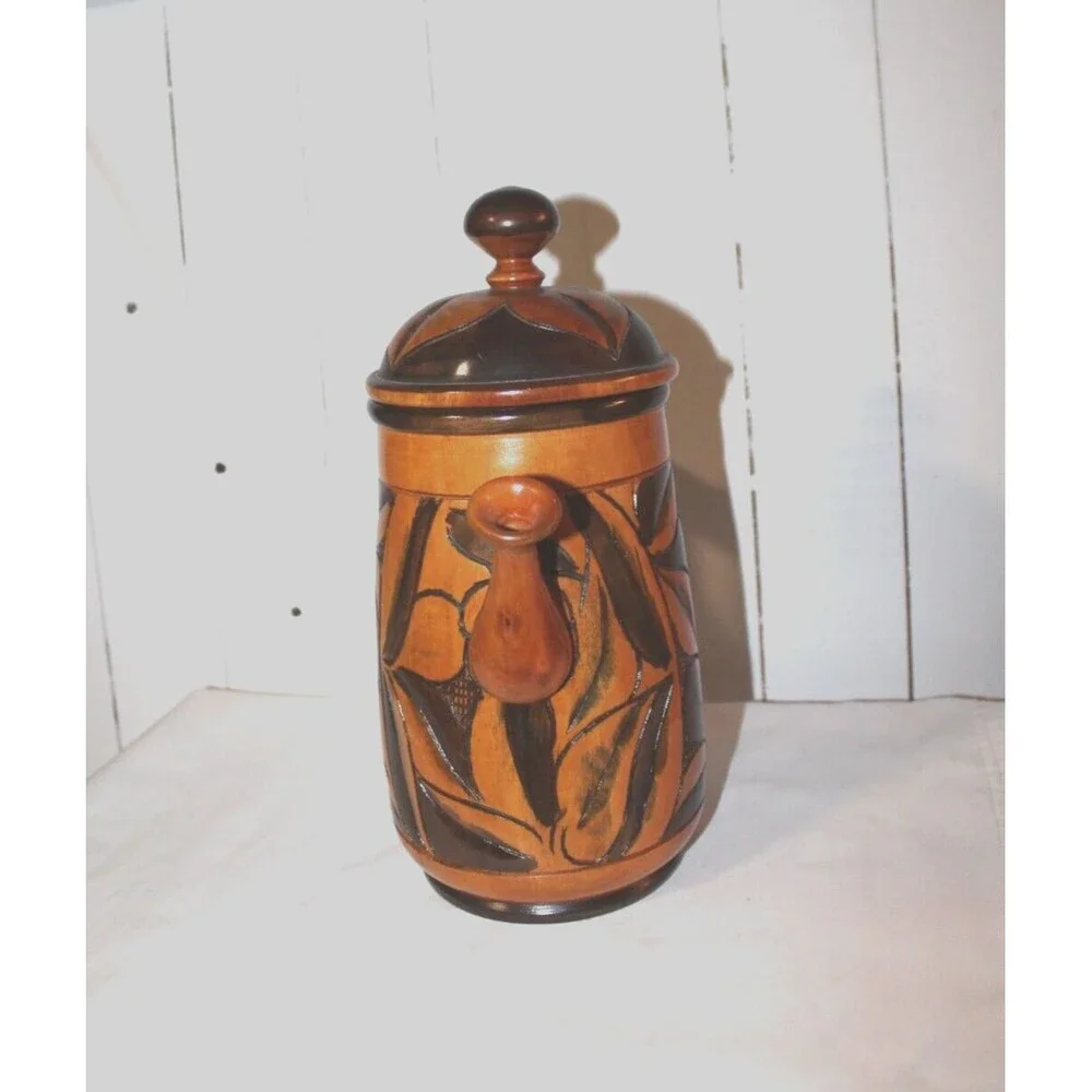 Vintage Polynesian Wooden Pitcher Hand Carved with Lid, Beautifully Crafted.